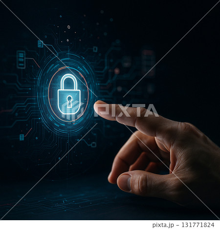 AI generated hand touching holographic padlock symbol representing cybersecurity data protection privacy encryption and secure digital technology with futuristic interface 131771824
