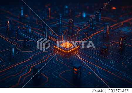AI generated concept of futuristic microchip glowing in digital network city symbolizing technology innovation data processing connection and advanced electronic system AI generated concept of futuristic microchip glowing in digital network city symbolizing technology innovation data processing connection and advanced electronic system 131771838