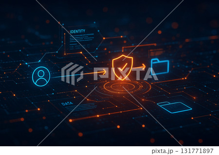 AI generated digital data protection visualization with shield icon representing identity privacy secure network storage and safe information transfer in futuristic cyber technology 131771897