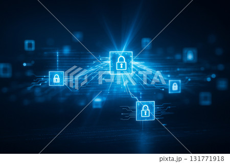 AI generated futuristic visualization of glowing padlock icons connected by digital circuits symbolizing data protection cybersecurity encryption privacy and secure online network communication AI generated futuristic visualization of glowing padlock icons connected by digital circuits symbolizing data protection cybersecurity encryption privacy and secure online network communication 131771918