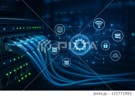 AI generated ultra realistic digital visualization of network cables and glowing holographic icons symbolizing data connectivity cybersecurity and global communication in a futuristic data center 131771993