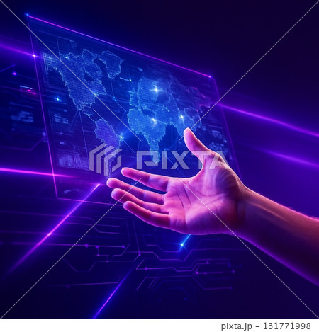 AI generated digital artwork of a human hand interacting with glowing holographic interface in purple blue tones symbolizing data connectivity and advanced technology 131771998
