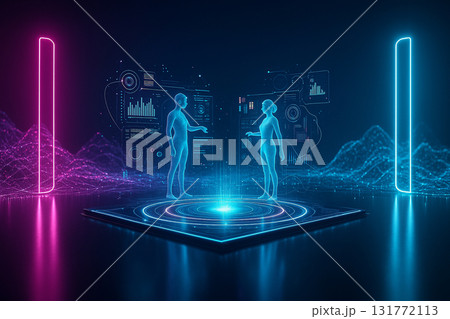 AI generated futuristic hologram of two digital humans interacting with data visualization panels symbolizing technology communication and virtual collaboration AI generated futuristic hologram of two digital humans interacting with data visualization panels symbolizing technology communication and virtual collaboration 131772113