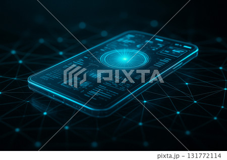 AI generated smartphone with holographic digital interface glowing in blue light symbolizing technology connectivity and futuristic communication 131772114