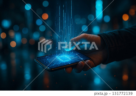 AI generated digital art of a hand holding smartphone with glowing hologram interface and data lines symbolizing innovation connectivity and digital future AI generated digital art of a hand holding smartphone with glowing hologram interface and data lines symbolizing innovation connectivity and digital future 131772139