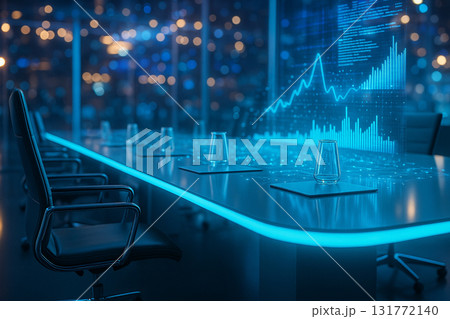 AI generated futuristic smart meeting room with glowing table holographic charts digital dashboard and real time data visualization for business innovation AI generated futuristic smart meeting room with glowing table holographic charts digital dashboard and real time data visualization for business innovation 131772140