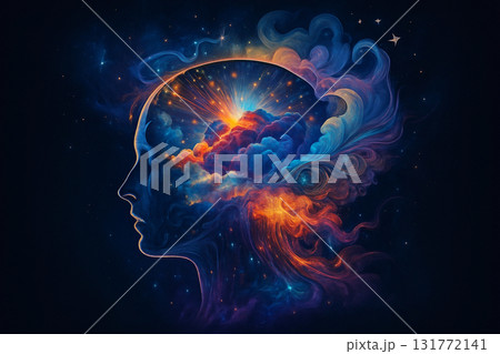 AI generated conceptual artwork of human profile with cosmic clouds and colorful energy symbolizing imagination creativity and universal inspiration AI generated conceptual artwork of human profile with cosmic clouds and colorful energy symbolizing imagination creativity and universal inspiration 131772141
