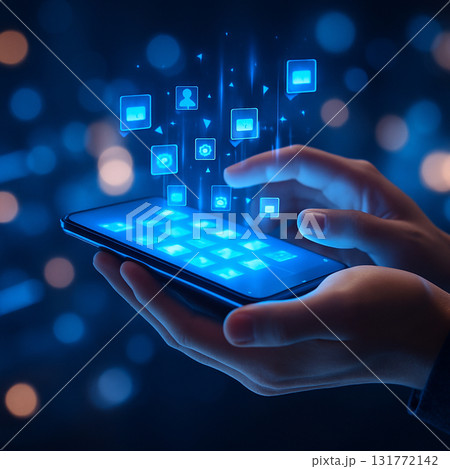 AI generated futuristic mobile phone glowing with digital app icons floating in the air symbolizing innovation connectivity and modern communication technology AI generated futuristic mobile phone glowing with digital app icons floating in the air symbolizing innovation connectivity and modern communication technology 131772142