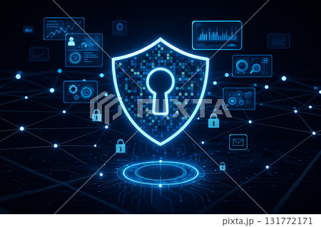 AI generated digital shield with lock icon glowing among futuristic network lines and data screens symbolizing cybersecurity protection and global digital trust 131772171