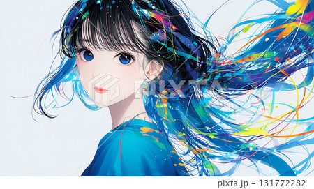 アニメ調 弾けるカラフルなインクと微笑む少女 131772282