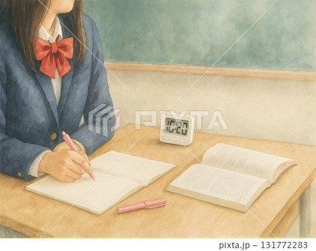 受験勉強の肩越しシーン（女子高生／ノートとタイマー） 131772283