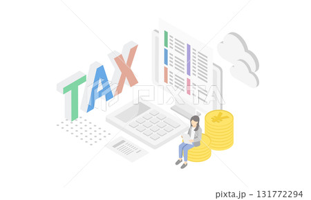 オンラインで確定申告、納税を行うアイソメトリックなベクターイラスト (経理・インボイス) 131772294