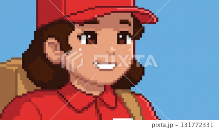 ドット絵風。赤い服を着た女性配達員が荷物を持つ上半身イラスト 131772331