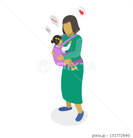 3D Isometric Flat Vector Illustration of Mothers Caring Childs in Baby Sling, Motherhood and Parenting. Item 3 131772640