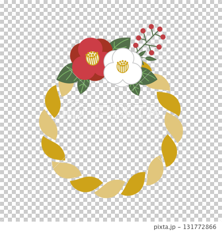 Illustration of camellia and nandina shimenawa (gold) 131772866