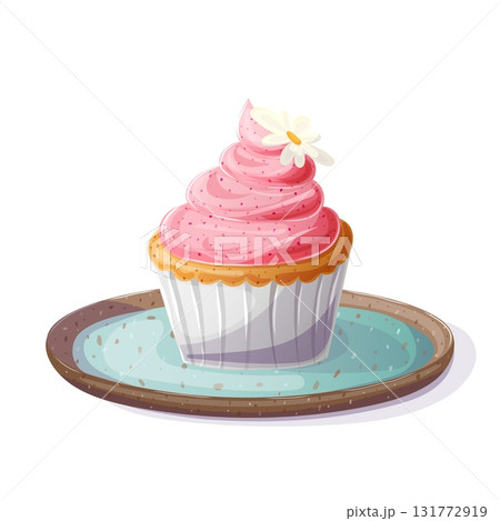 Cupcake with pink frosting on a plate front view Cupcake with pink frosting on a plate front view 131772919
