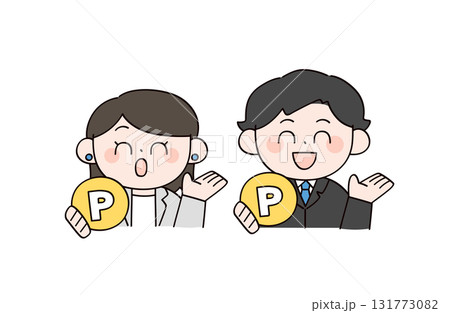 ポイントとスーツの男女2人のイラスト ポイントとスーツの男女2人のイラスト 131773082