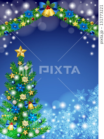 クリスマス背景、ツリーとモール、青、かわいい、イラスト、縦 クリスマス背景、ツリーとモール、青、かわいい、イラスト、縦 131773221