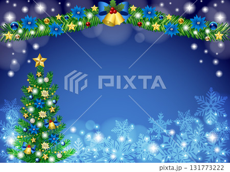 クリスマス背景、ツリーとモール、青、かわいい、イラスト、横 131773222