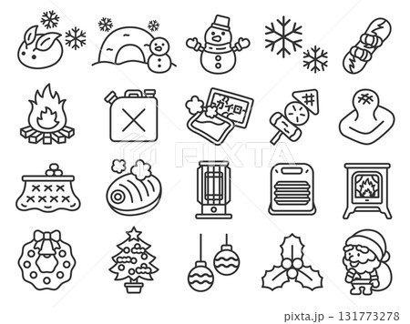 冬シーズンのアイコン（線画）のイラストセット 131773278