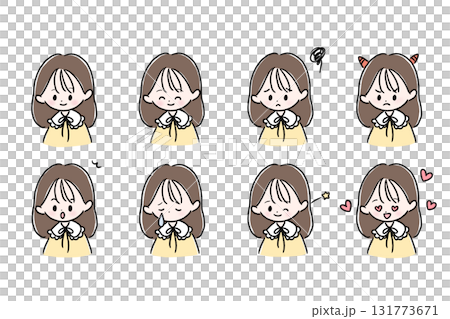 Cute female character with ruffle sleeves, set of facial expressions and poses 131773671