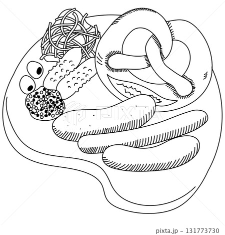 ビールに合う食べ物を盛り合わせたプレートのレトロなタッチの線画 ビールに合う食べ物を盛り合わせたプレートのレトロなタッチの線画 131773730