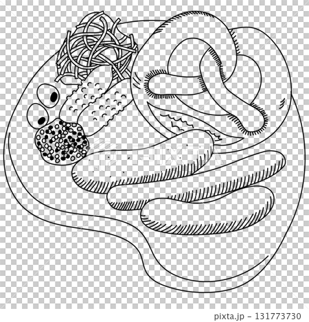 ビールに合う食べ物を盛り合わせたプレートのレトロなタッチの線画 ビールに合う食べ物を盛り合わせたプレートのレトロなタッチの線画 131773730