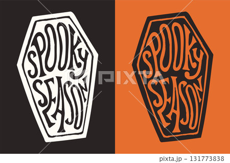Spooky season written in coffin. Happy Halloween vector lettering. Holiday lettering for banner. Happy Halloween poster, greeting card, party invitation. 131773838