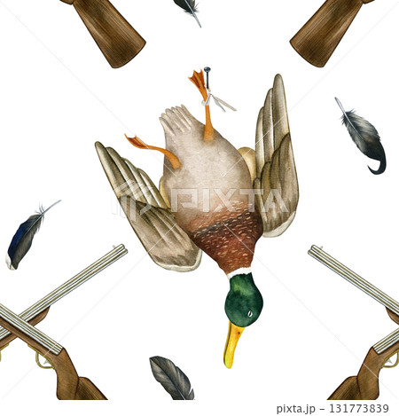 Duck killed during a hunt, rifles crisscrossed. Seamless pattern of hunting trophies. Hand-drawn watercolor illustration. Isolated on a white background 131773839