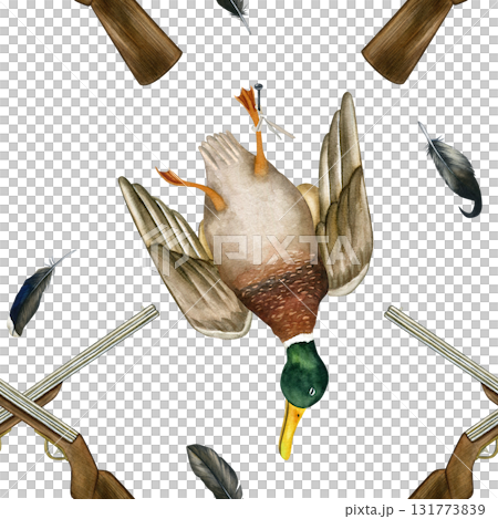 Duck killed during a hunt, rifles crisscrossed. Seamless pattern of hunting trophies. Hand-drawn watercolor illustration. Isolated on a white background 131773839