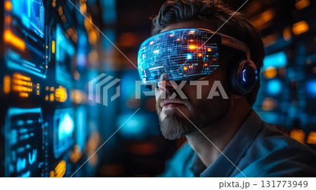 A businessman wearing VR glasses interacts with a holographic globe. Generative Ai. 131773949