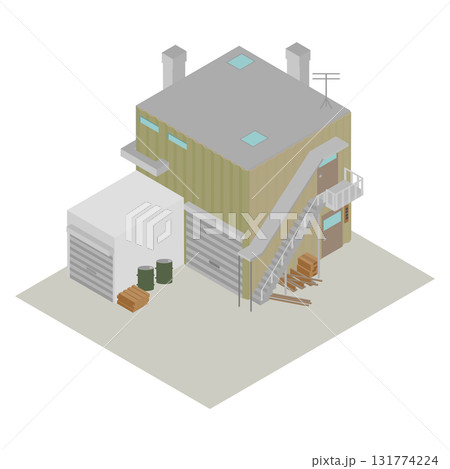 アイソメトリック レトロな工場、作業場の建物イラスト(日本の町工場) 131774224