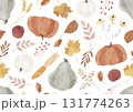 カボチャと落ち葉の秋のシームレスパターン  水彩風 131774263
