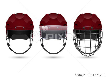 Vector 3d Realistic Hockey Helmet Set. Front View Red Helmets, Plain, With Visor, with Cage. Clean Isolated on White For Ice Hockey Safety and Equipment Design. Hockey Helmet Protection, Hockey Helmet Vector 3d Realistic Hockey Helmet Set. Front View Red Helmets, Plain, With Visor, with Cage. Clean Isolated on White For Ice Hockey Safety and Equipment Design. Hockey Helmet Protection, Hockey Helmet 131774290