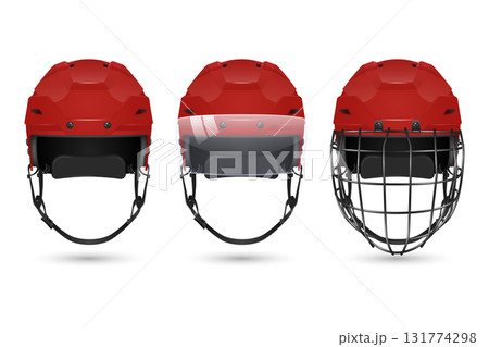 Vector 3d Realistic Hockey Helmet Set. Front View Red Helmets, Plain, With Visor, with Cage. Clean Isolated on White For Ice Hockey Safety and Equipment Design. Hockey Helmet Protection, Hockey Helmet 131774298