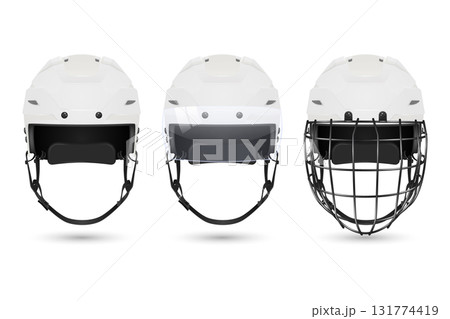 Vector 3d Realistic Hockey Helmet Set. Front View White Helmets, Plain, With Visor, with Cage. Clean Isolated on White for Ice Hockey Safety and Equipment Design. Hockey Helmet 131774419