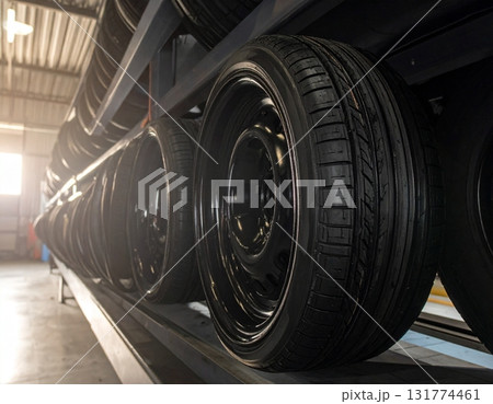 The car wheel rubber is on the shelf in the car garage The car wheel rubber is on the shelf in the car garage 131774461