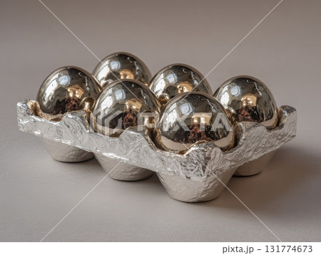 egg carton sculpture, eggs forged from polished bronze, carton made of silver, reflective shiny textures egg carton sculpture, eggs forged from polished bronze, carton made of silver, reflective shiny textures 131774673