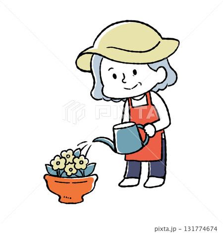 お婆さんがガーデニングをしているイラスト お婆さんがガーデニングをしているイラスト 131774674