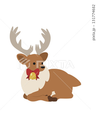 座って休むトナカイのかわいいベクターイラスト(クリスマス・リボン・ベル) 131774682