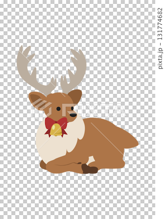 Cute vector illustration of a reindeer sitting and resting (Christmas ribbon bell) 131774682