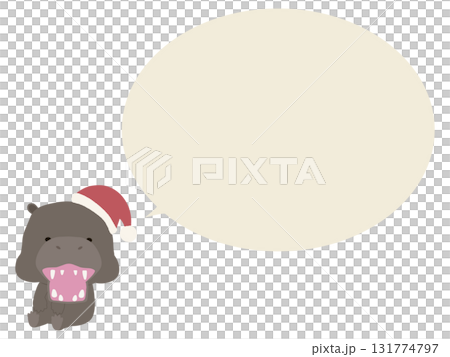 サンタ帽をかぶった笑顔のカバ。吹き出し付き 131774797