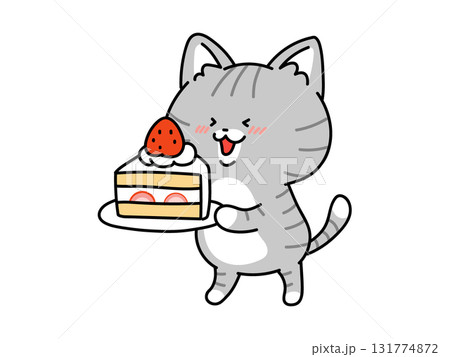 わ〜いケーキだ！喜ぶ猫ちゃんのイラスト素材 [131774872] - PIXTA