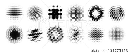 Halftone radial gradient collection. Dotted textured round patterns. Comic faded circles background set. Pixelated element pack for frame, poster, collage, banner, flyer. Vector cartoon bundle 131775138
