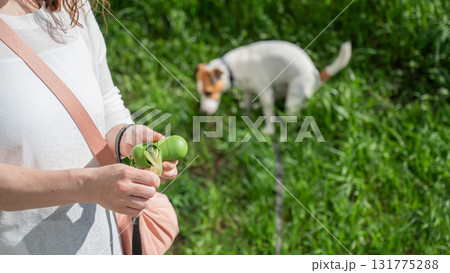 Woman Preparing Dog Waste Bag for a Walk.  131775288