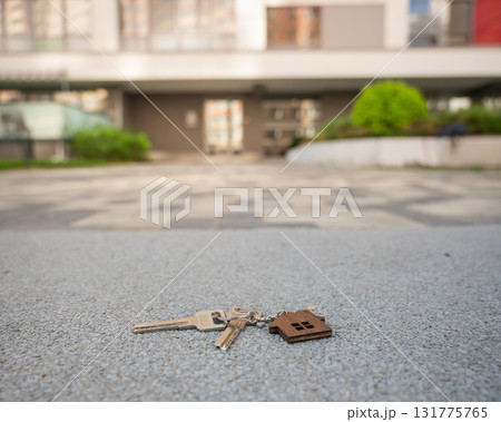 Keys with House Keychain Left on Paved Path. Keys with House Keychain Left on Paved Path. 131775765