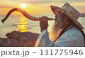 Jewish rabbi blows shofar. Yom Kippur.  131775946