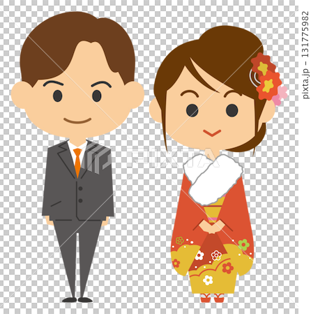 スーツ姿の男性と振袖姿の女性のイメージイラスト 131775982