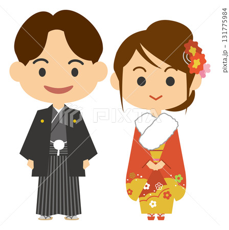 羽織袴姿の男性と振袖姿の女性のイメージイラスト 131775984