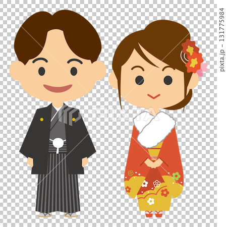 羽織袴姿の男性と振袖姿の女性のイメージイラスト 131775984
